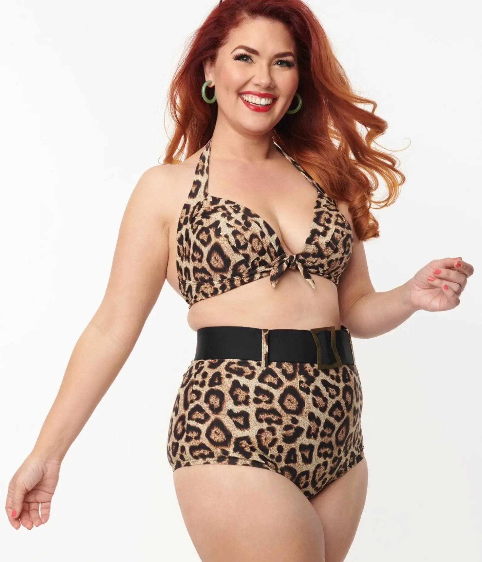 Unique Vintage Two Piece Swim|Swim Bottoms>Plus Size Leopard Print High Waist Belted Swim Bottom