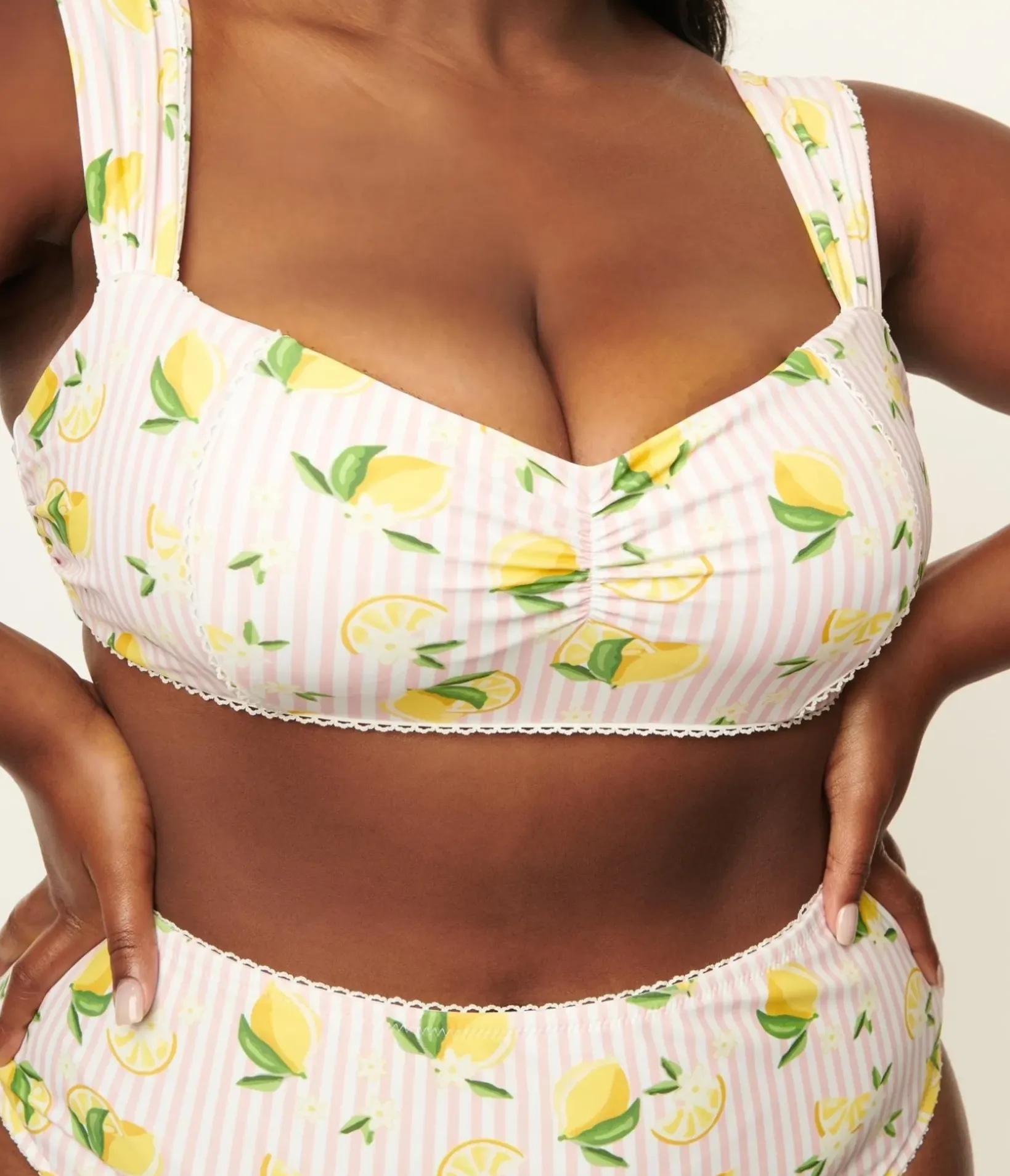 Unique Vintage Two Piece Swim|Swim Tops>Plus Size Light Pink Stripes & Lemons Ruched & Ready Swim Top