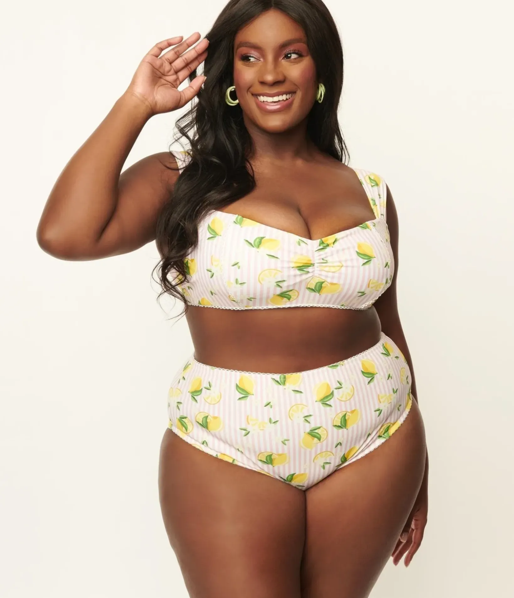 Unique Vintage Two Piece Swim|Swim Tops>Plus Size Light Pink Stripes & Lemons Ruched & Ready Swim Top
