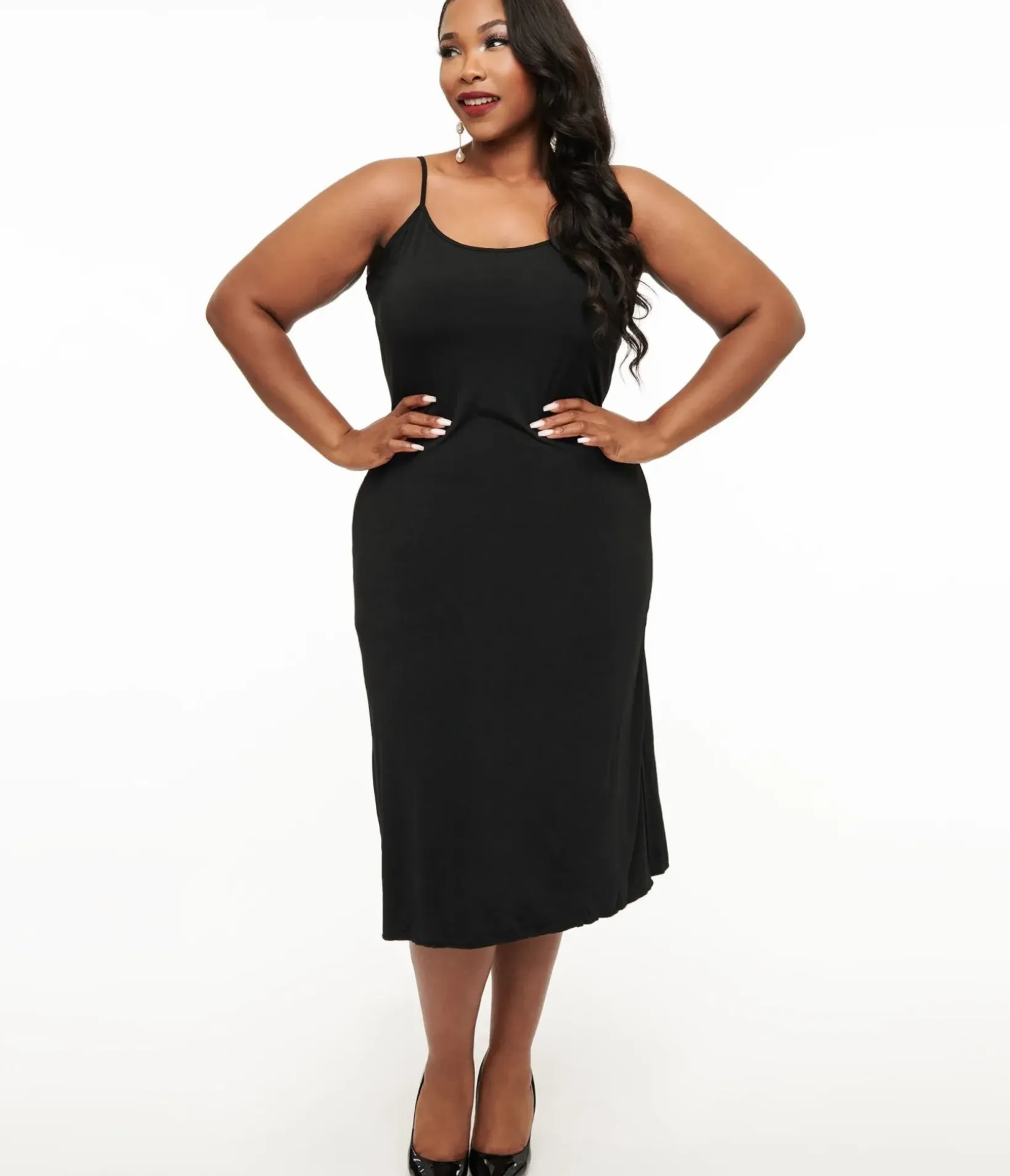 Unique Vintage Special Occasion|All Things Black>Plus Size Midi Length Black Stretch Slip