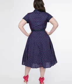 Unique Vintage Swing|Pocket Dresses>Plus Size Navy & Hot Pink Dot Alexis Swing Dress