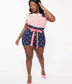Unique Vintage Shorts|Shorts>Plus Size Navy & Pink Strawberry Stamp Tied & True Shorts
