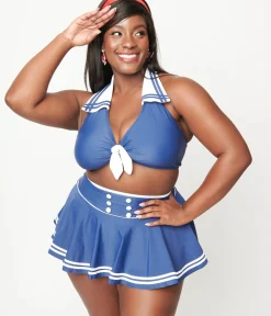 Unique Vintage Two Piece Swim|Swim Tops>Plus Size Navy & White Nautical Halter Swim Top