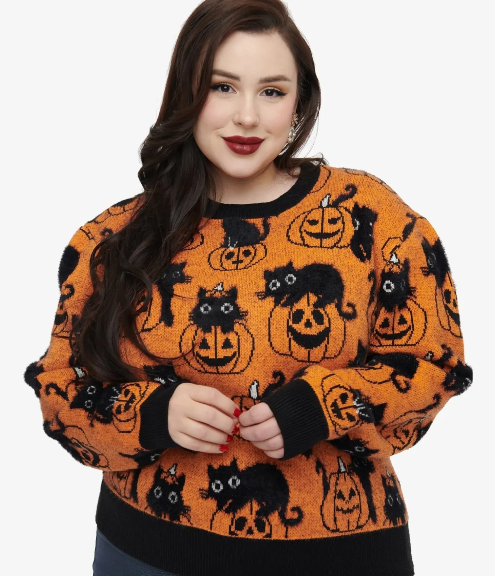 Unique Vintage Sweaters & Cardigans|Sweaters & Cardigans>Plus Size Orange Pumpkin & Black Cat Print Sweater