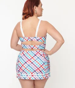 Unique Vintage Two Piece Swim|Swim Tops>Plus Size Pastel Madras Plaid Lace Up Swim Top