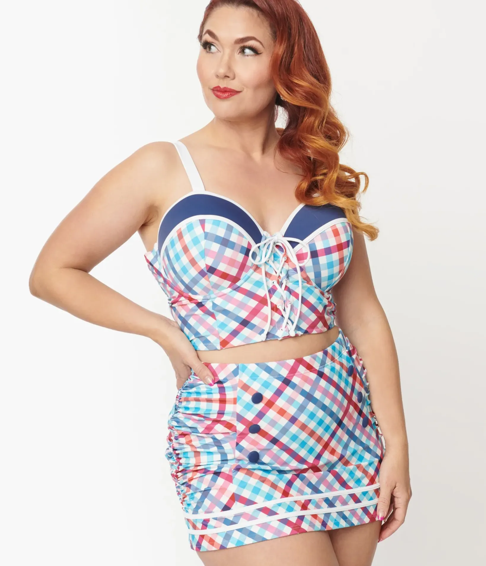 Unique Vintage Two Piece Swim|Swim Tops>Plus Size Pastel Madras Plaid Lace Up Swim Top
