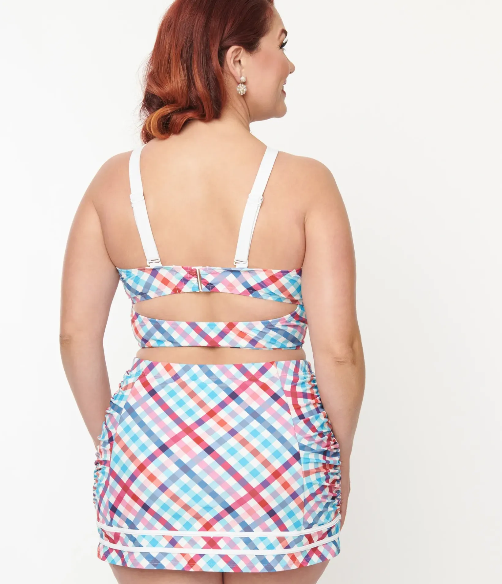 Unique Vintage Two Piece Swim|Swim Bottoms>Plus Size Pastel Madras Plaid Sailor Swim Bottom