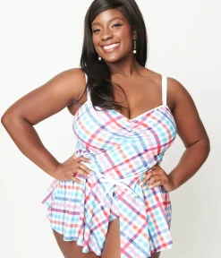 Unique Vintage One Piece Swim|One Piece Swim>Plus Size Pastel Madras Plaid Skirted Swimsuit
