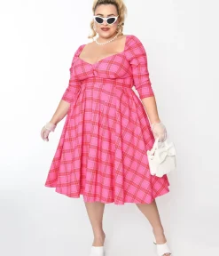Unique Vintage Swing|Swing>Plus Size Pink & Red Plaid Lamar Swing Dress