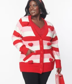 Unique Vintage Sweaters & Cardigans|Sweaters & Cardigans>Plus Size Pink & Red Striped Crochet Hearts Cardigan