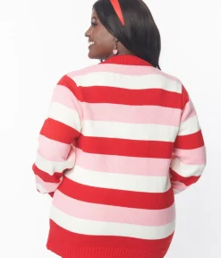 Unique Vintage Sweaters & Cardigans|Sweaters & Cardigans>Plus Size Pink & Red Striped Crochet Hearts Cardigan
