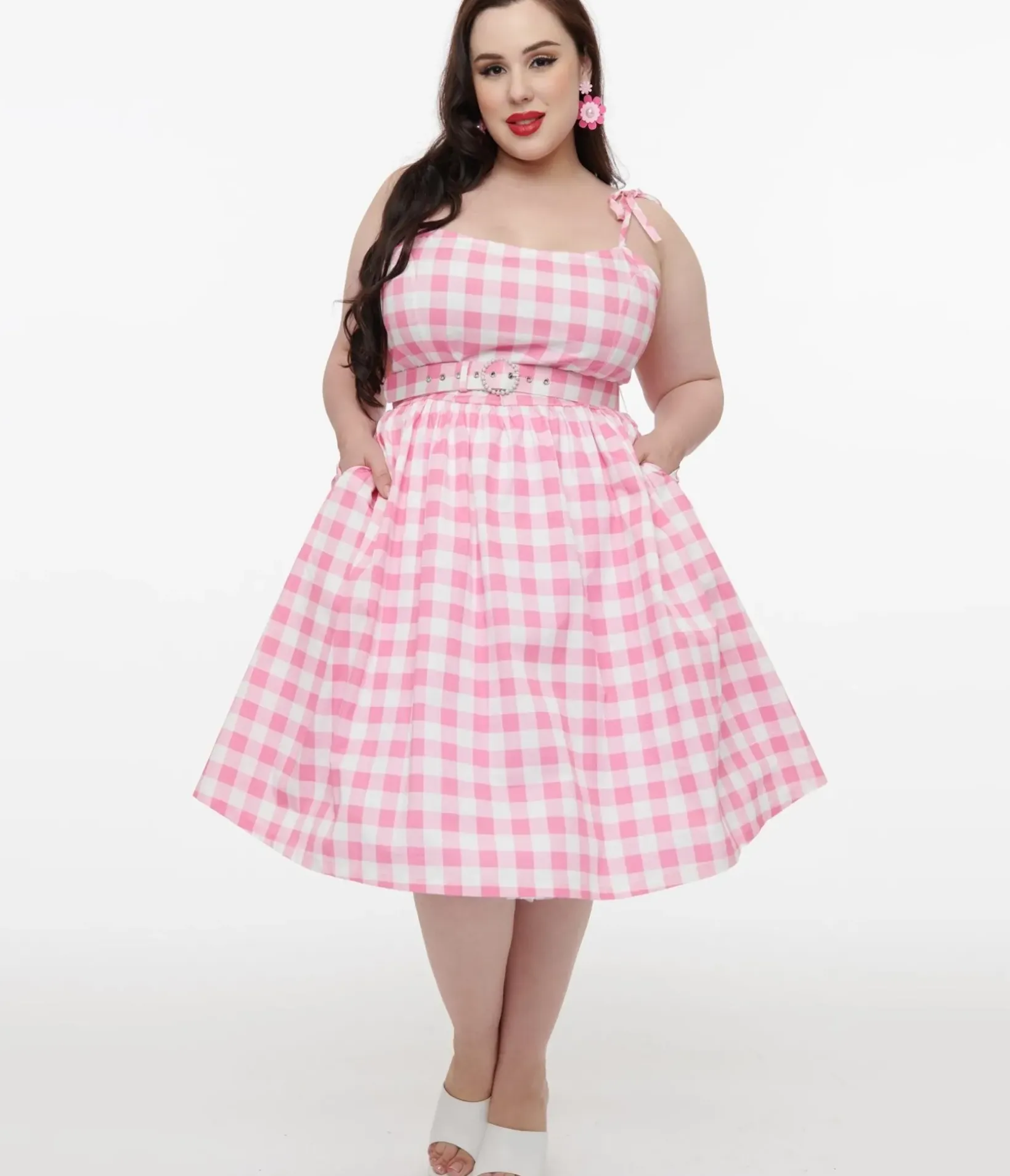 Unique Vintage Swing|Swing>Plus Size Pink & White Gingham Bobbie Swing Dress