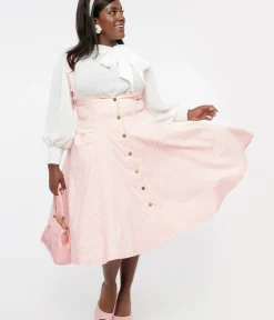 Unique Vintage Skirts|Skirts>Plus Size Pink & White Gingham Button Suspender Swing Skirt