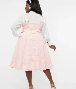 Unique Vintage Skirts|Skirts>Plus Size Pink & White Gingham Button Suspender Swing Skirt