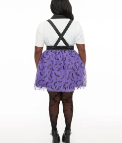 Unique Vintage Skirts|Skirts>Plus Size Purple & Black Glitter Bat Print Tulle Suspender Mini Skirt