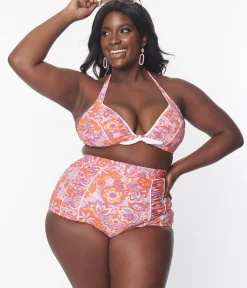 Unique Vintage Two Piece Swim|Swim Tops>Plus Size Purple & Orange Bohemian Floral Print Halter Swim Top