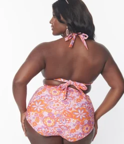 Unique Vintage Two Piece Swim|Swim Tops>Plus Size Purple & Orange Bohemian Floral Print Halter Swim Top