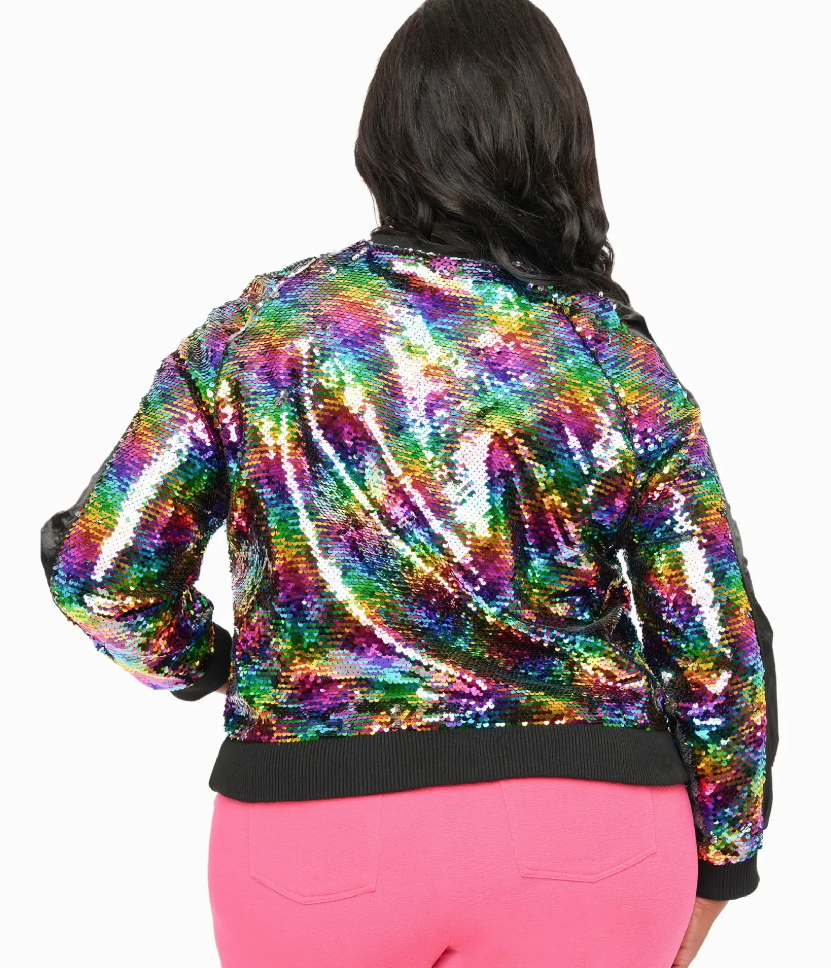 Unique Vintage Jackets|Coats & Jackets>Plus Size Rainbow Sequin Satin Bomber Jacket