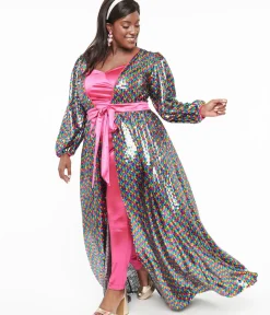 Unique Vintage Maxi|Midi & Maxi>Plus Size Rainbow Sequins Hollywood Duster