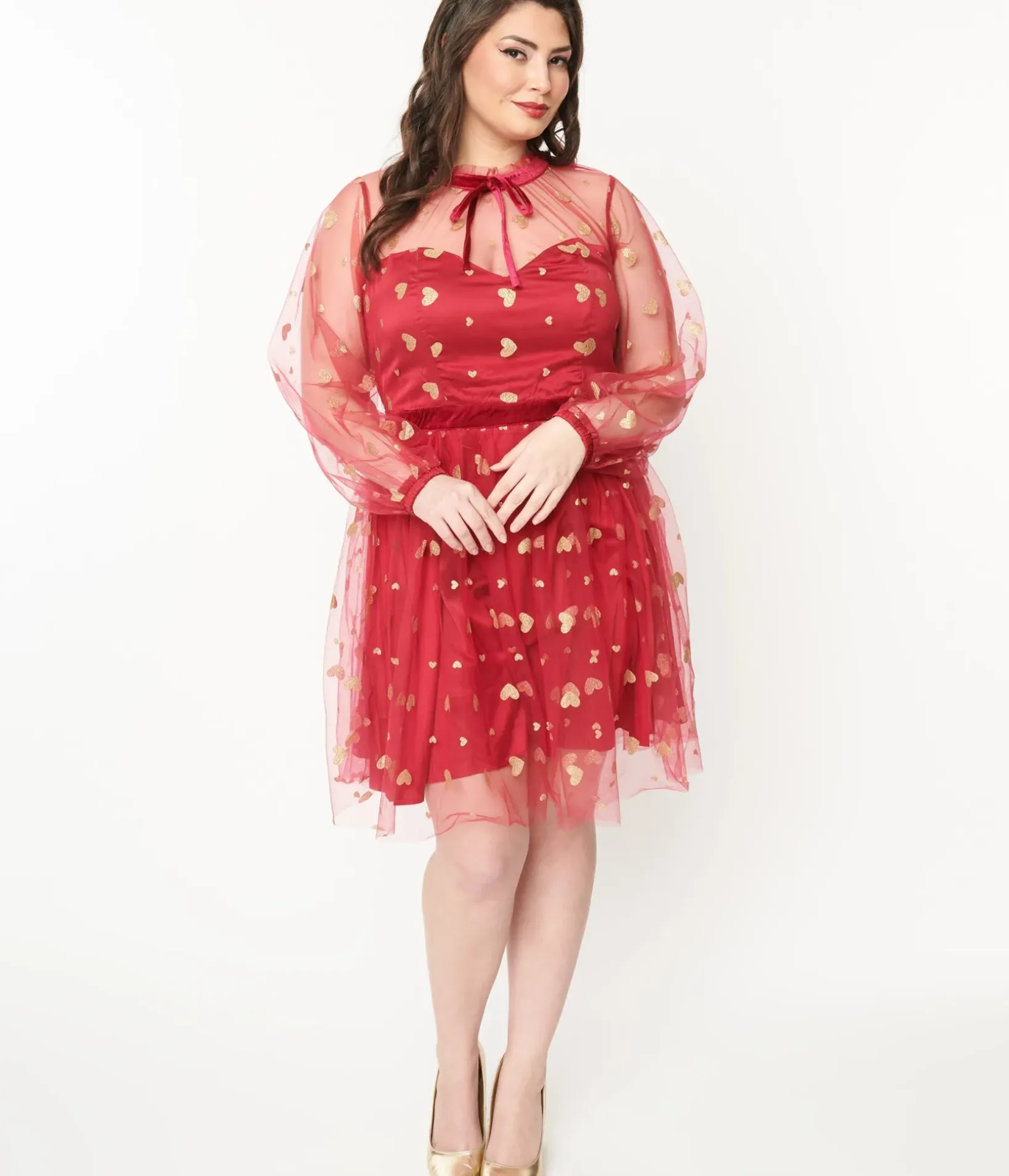 Unique Vintage Fit & Flare|Fit & Flare>Plus Size Red & Gold Glitter Heart Flare Dress