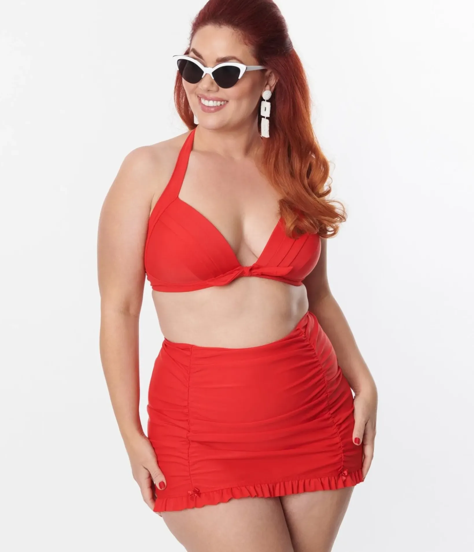 Unique Vintage Two Piece Swim|Swim Tops>Plus Size Red Monroe Halter Swim Top