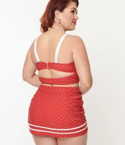 Unique Vintage Two Piece Swim|Swim Tops>Plus Size Red Pin Dot Lace Up Swim Top