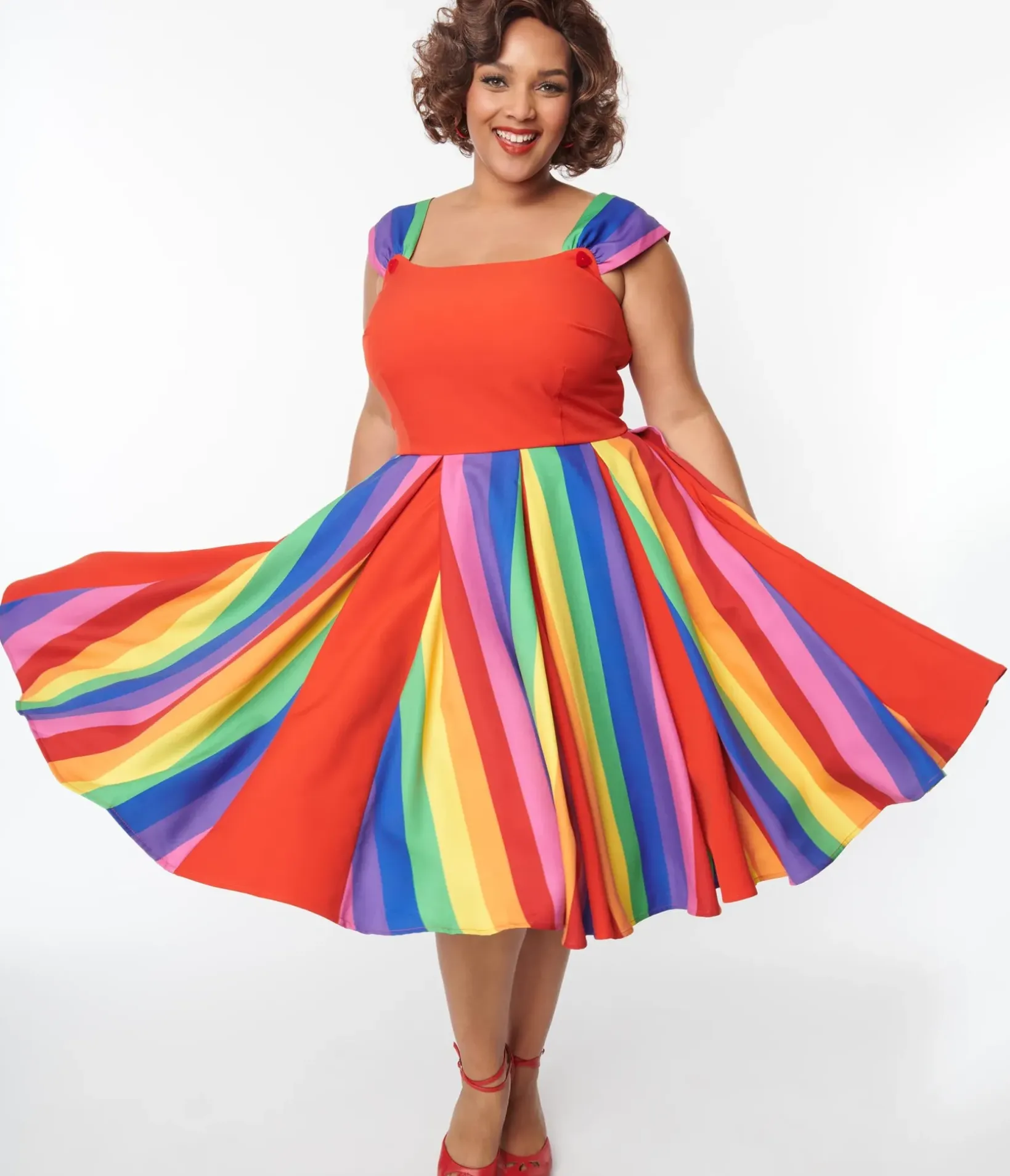 Unique Vintage Swing|Swing>Plus Size Red & Rainbow Stripe Swing Dress