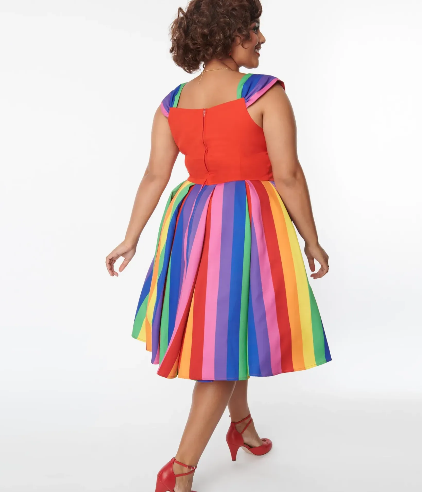 Unique Vintage Swing|Swing>Plus Size Red & Rainbow Stripe Swing Dress