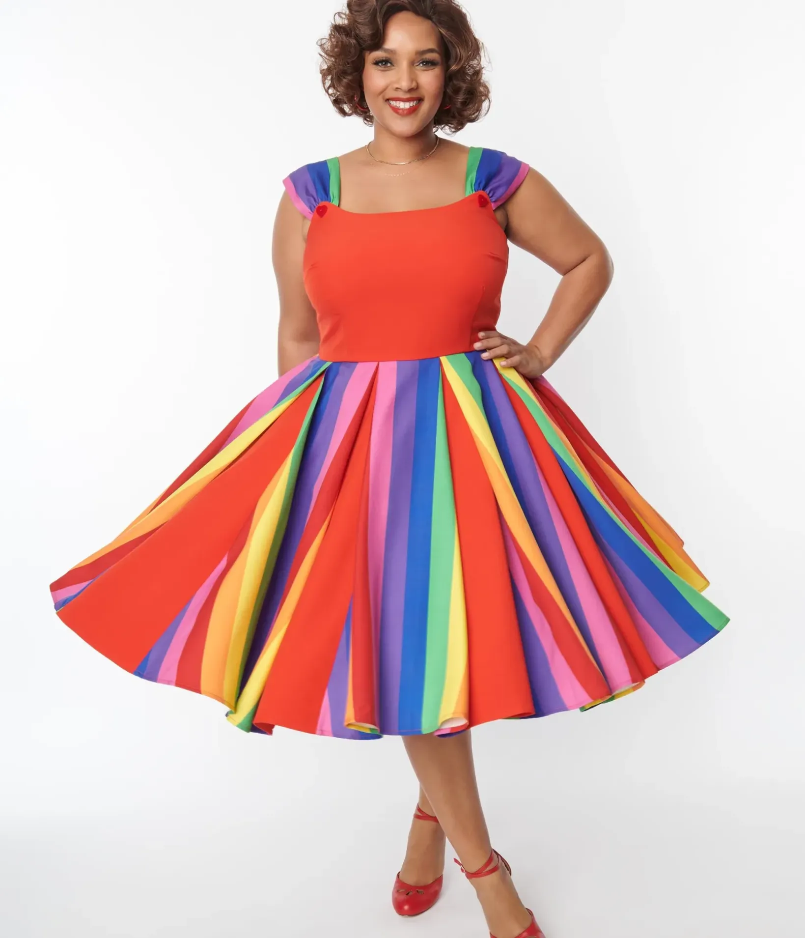 Unique Vintage Swing|Swing>Plus Size Red & Rainbow Stripe Swing Dress