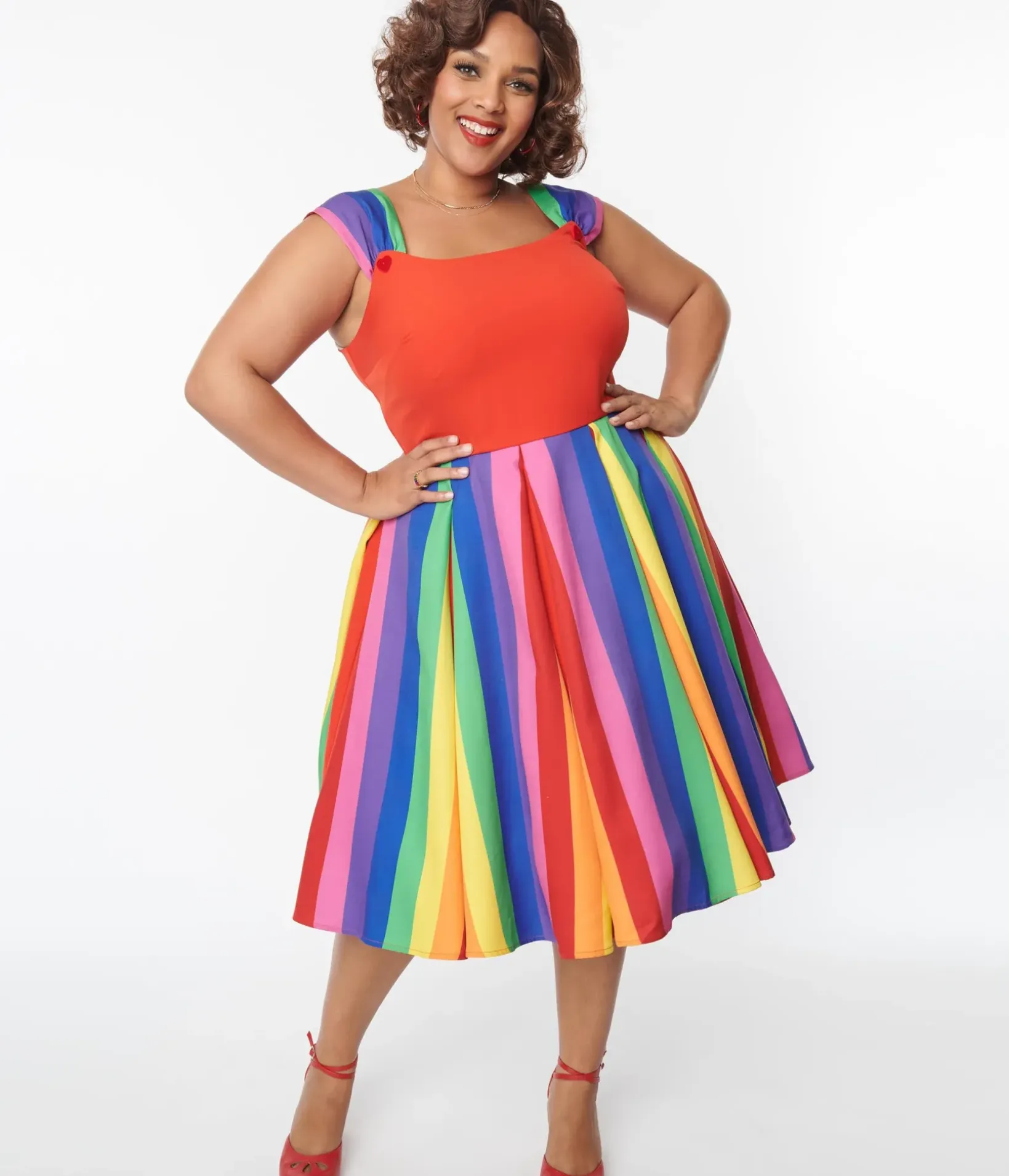 Unique Vintage Swing|Swing>Plus Size Red & Rainbow Stripe Swing Dress
