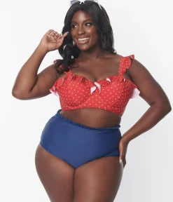 Unique Vintage Two Piece Swim|Swim Tops>Plus Size Red & White Pin Dot Southampton Swim Top