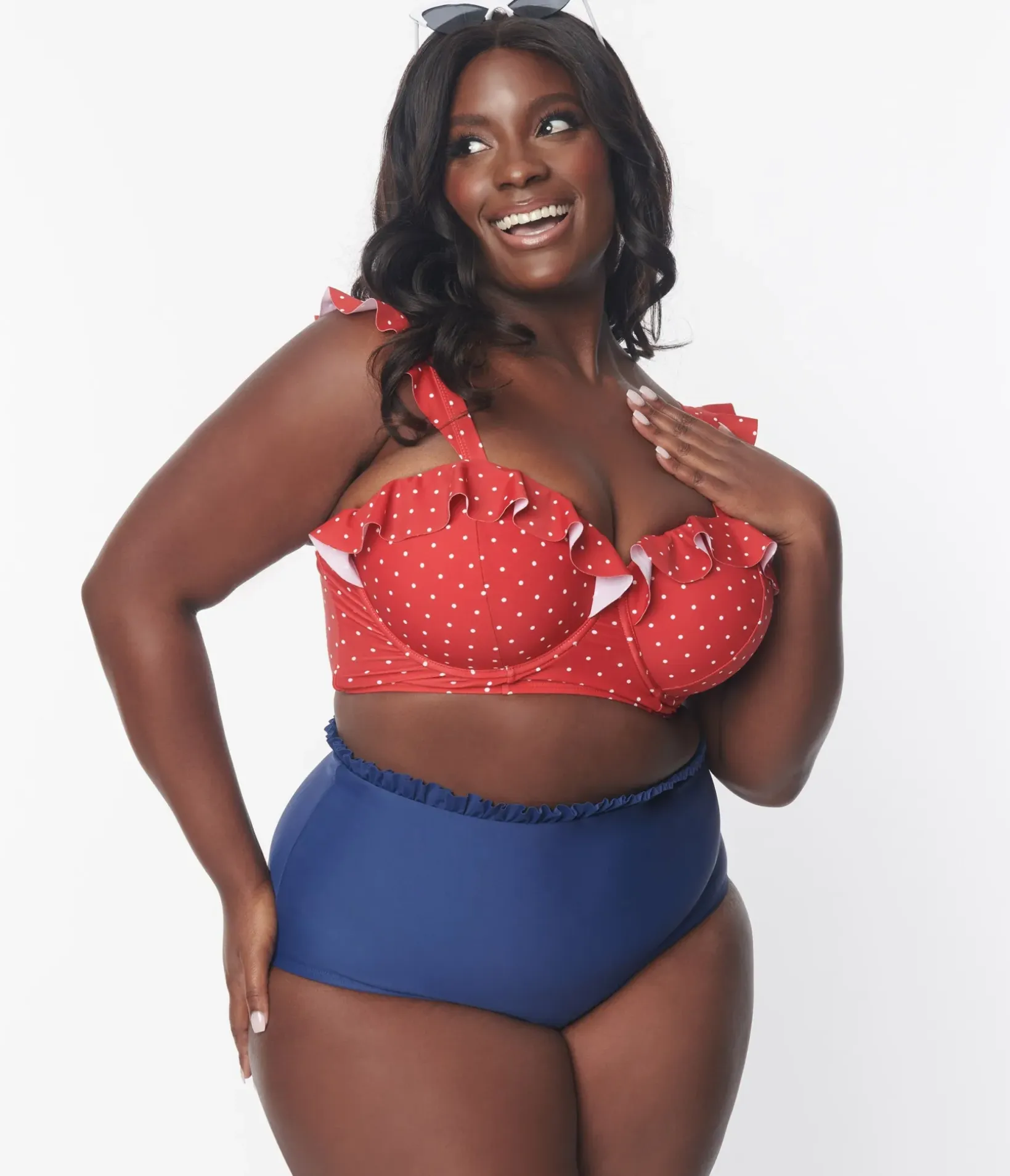 Unique Vintage Two Piece Swim|Swim Tops>Plus Size Red & White Pin Dot Southampton Swim Top