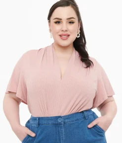 Unique Vintage Work Wear|All Things Pink>Plus Size Rose Pink Pointelle Flutter Sleeve Bodysuit