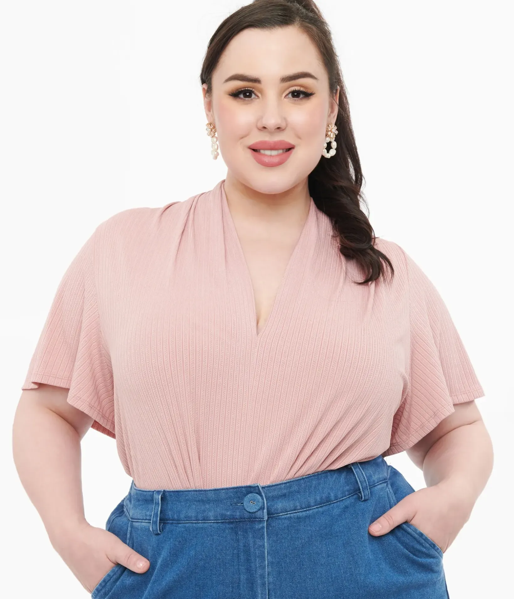 Unique Vintage Work Wear|All Things Pink>Plus Size Rose Pink Pointelle Flutter Sleeve Bodysuit