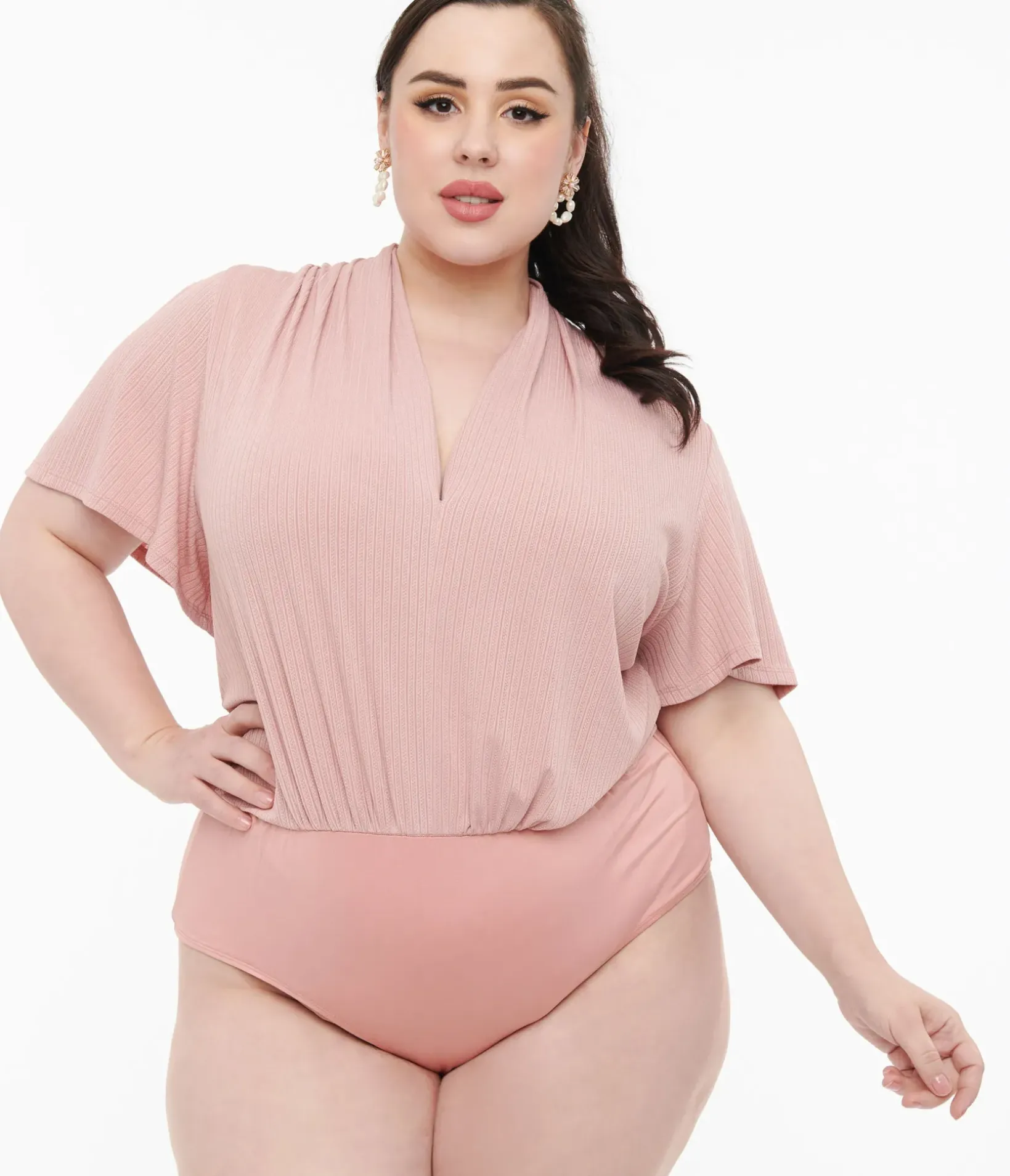 Unique Vintage Work Wear|All Things Pink>Plus Size Rose Pink Pointelle Flutter Sleeve Bodysuit