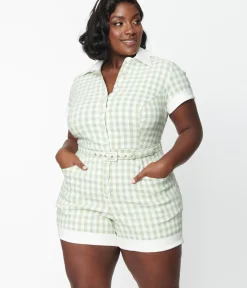 Unique Vintage Rompers & Jumpsuits|Rompers & Jumpsuits>Plus Size Sage & White Gingham Patsy Romper