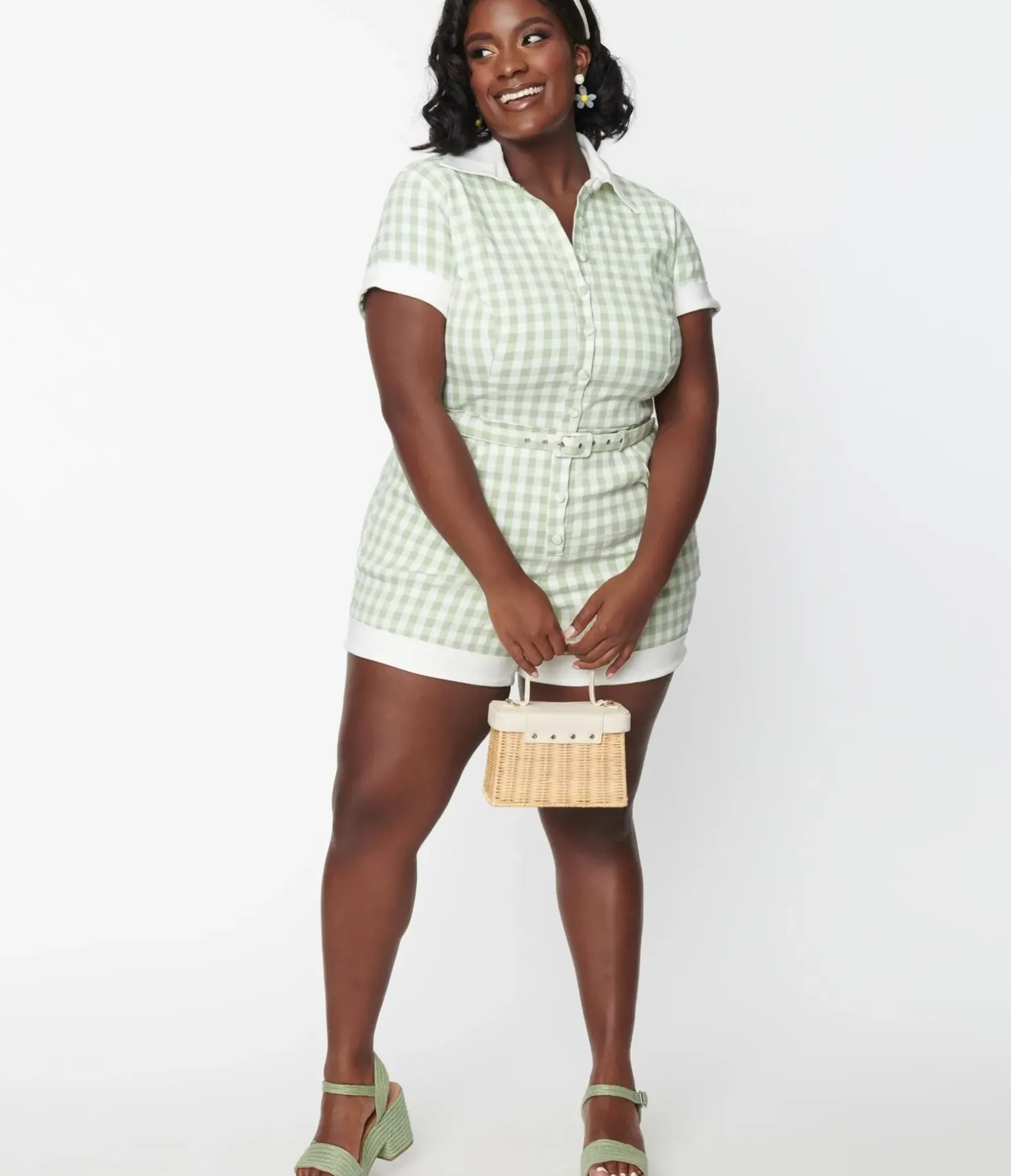 Unique Vintage Rompers & Jumpsuits|Rompers & Jumpsuits>Plus Size Sage & White Gingham Patsy Romper