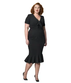 Unique Vintage Pencil|Pencil>Plus Size 1940s All Black Holloway Wiggle Dress