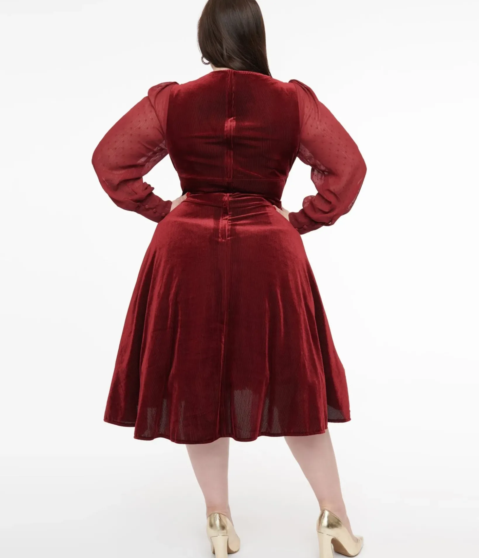 Unique Vintage Swing|Swing>Plus Size 1950s Berry Velvet Sheer Sleeve Delores Swing Dress