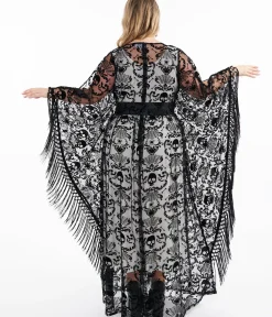 Unique Vintage Caftans|Caftans>Plus Size 1960s Black Baroque Skull Burnout Fringe Flutter Sleeve Caftan