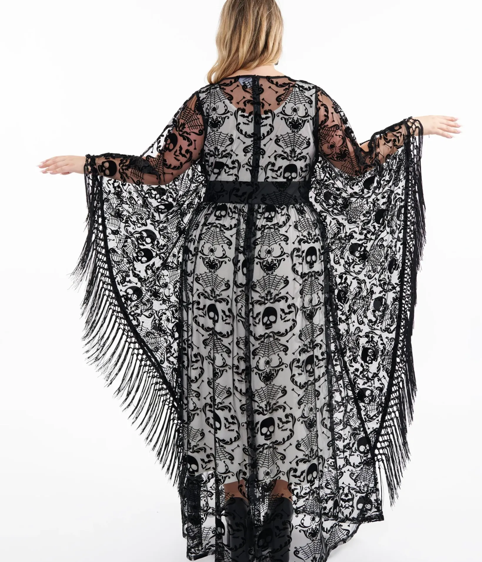 Unique Vintage Caftans|Caftans>Plus Size 1960s Black Baroque Skull Burnout Fringe Flutter Sleeve Caftan