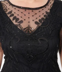 Unique Vintage Everyday Dresses|Special Occasion>Plus Size 1920s Black Beaded Fringe Sleeve Nadine Flapper Dress