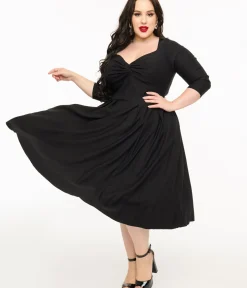 Unique Vintage Swing|Pocket Dresses>Plus Size 1950s Black Bengaline Front Twist Swing Dress