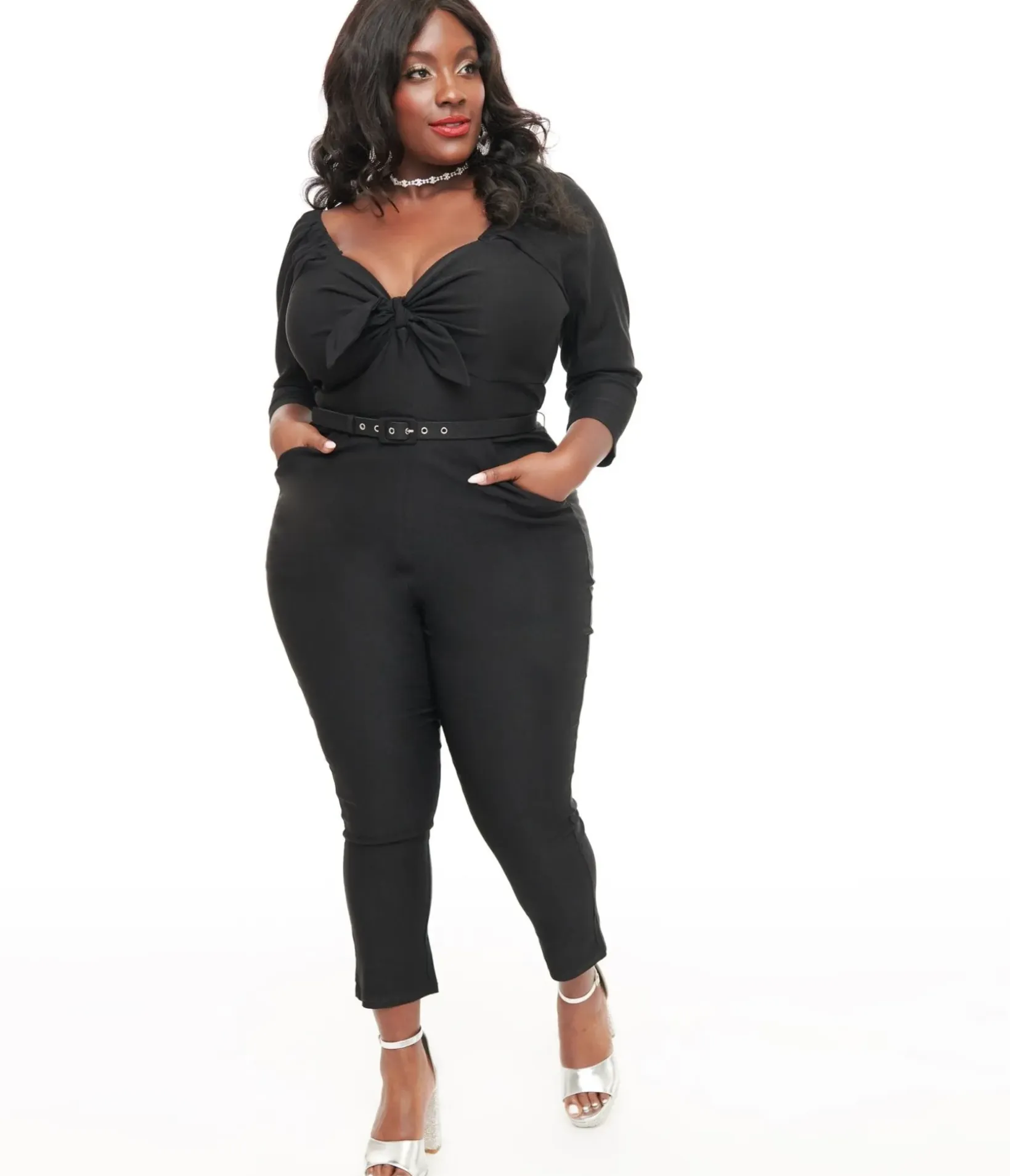 Unique Vintage Rompers & Jumpsuits|Rompers & Jumpsuits>Plus Size 1950s Black Bow Bengaline Jumpsuit
