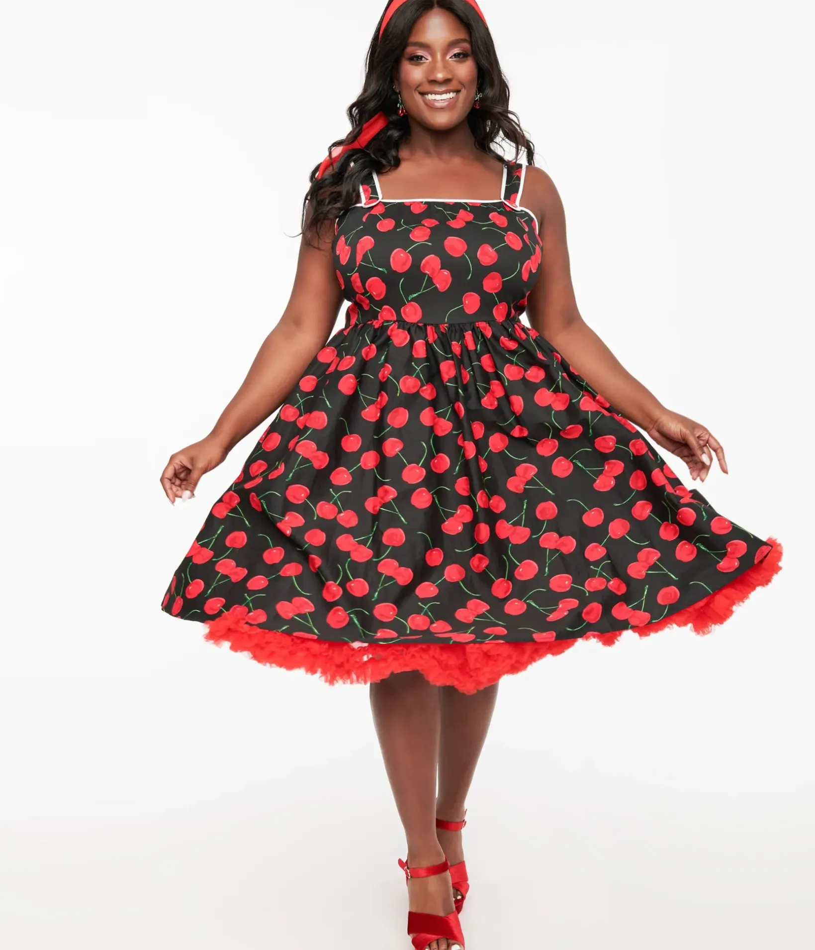 Unique Vintage Swing|Pocket Dresses>Plus Size 1950s Black & Cherry Print Cotton Pinafore Swing Dress