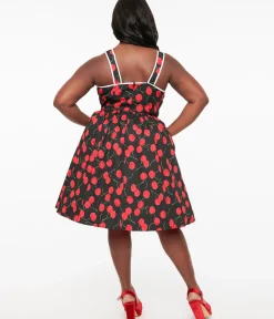 Unique Vintage Swing|Pocket Dresses>Plus Size 1950s Black & Cherry Print Cotton Pinafore Swing Dress