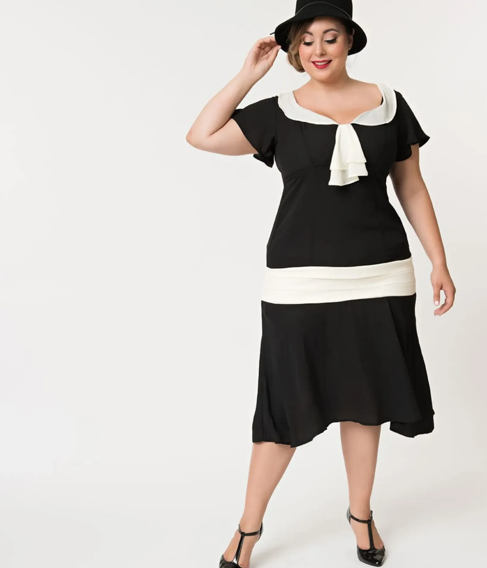 Unique Vintage Everyday Dresses|Special Occasion>Plus Size 1920s Black & Cream Wilshire Flapper Day Dress