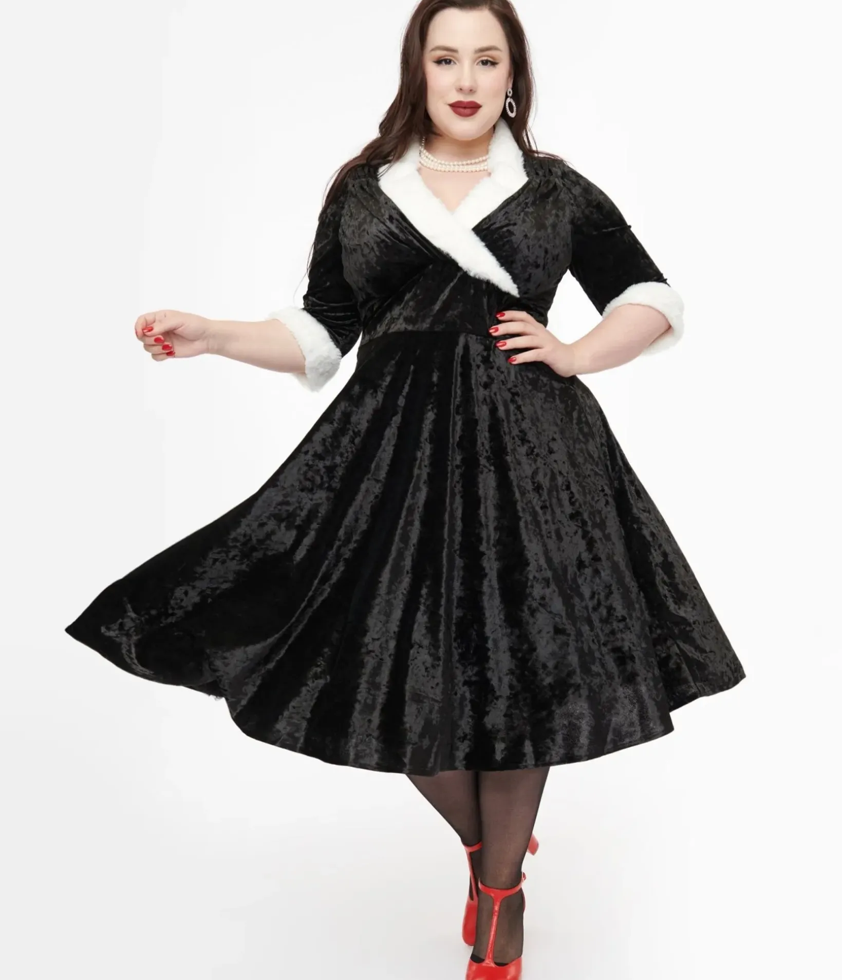 Unique Vintage Swing|Swing>Plus Size 1950s Black Crushed Velvet & White Fur Delores Swing Dress
