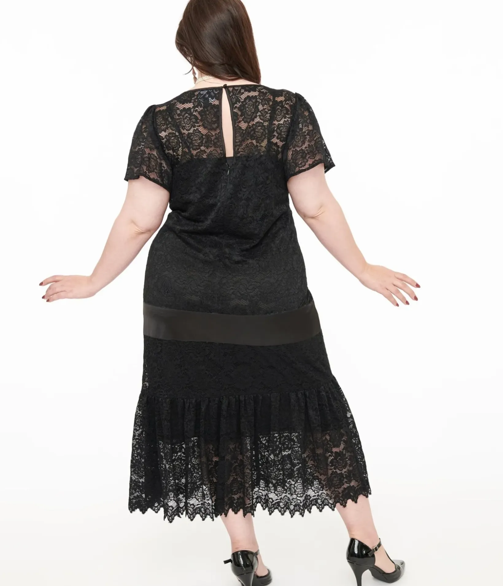Unique Vintage Midi|Everyday Dresses>Plus Size 1920s Black Floral Lace & Bow Flapper Dress