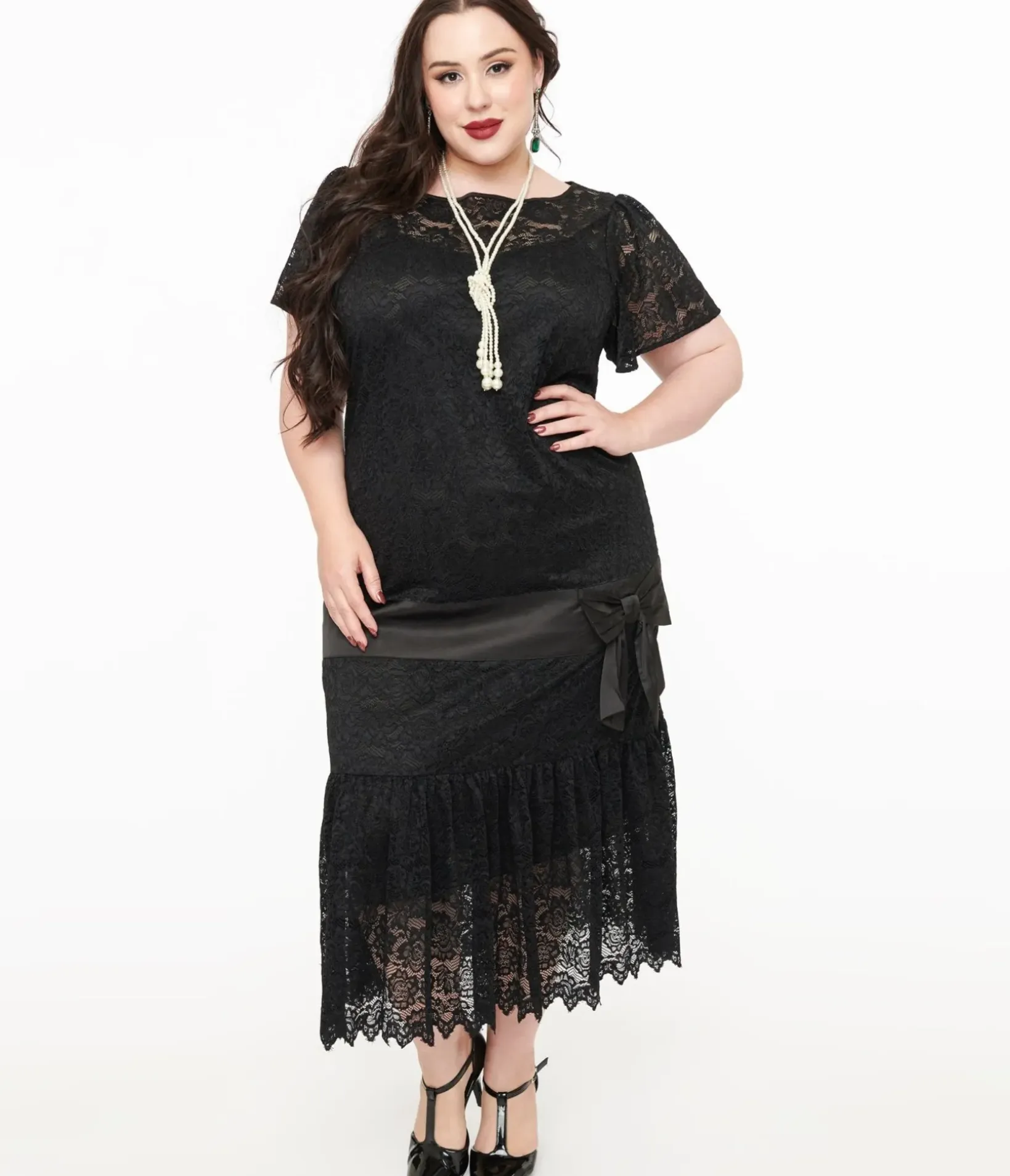 Unique Vintage Midi|Everyday Dresses>Plus Size 1920s Black Floral Lace & Bow Flapper Dress
